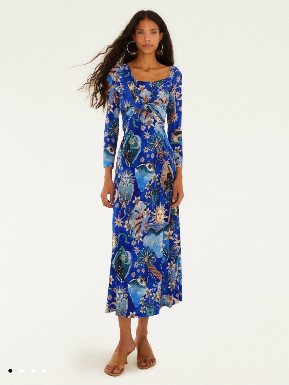 FARM Rio Blue mystical draped long sleeve Maxi Dress NWT